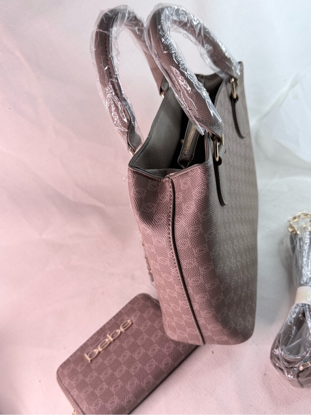 bebe Taupe Logo Satchel with Matching Wallet and keychain - Picture 15 of 15
